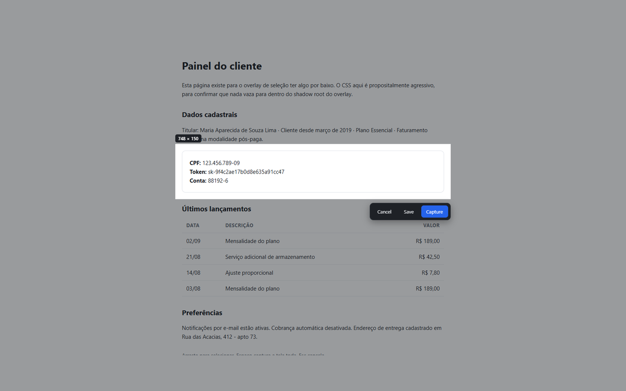 Selecting a region of a page, with the rest of the page dimmed
